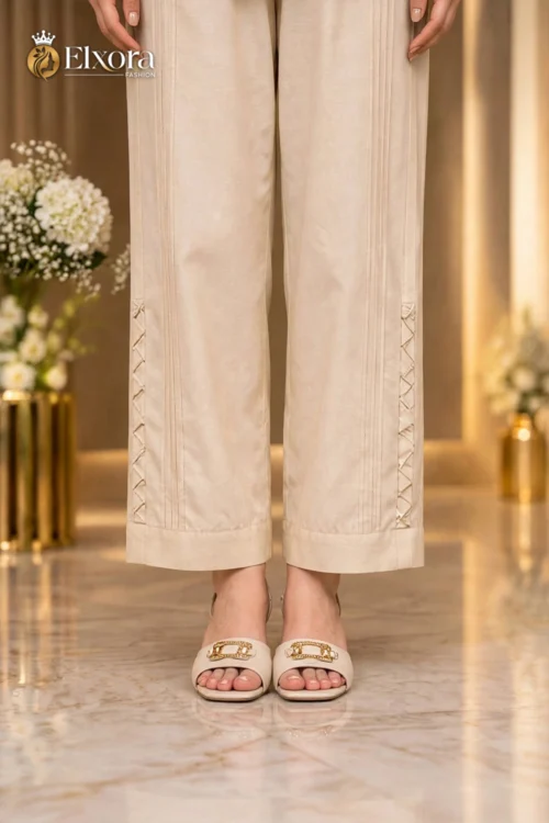 Beige Pintuck Triangle Lace Trouser