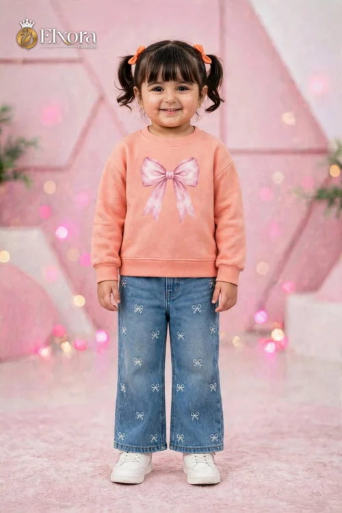 Bow Orange (Bow T-Shirt with Bow Wide Leg Jeans Set)