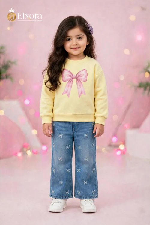 Bow Pastel (Bow T-Shirt with Bow Wide Leg Jeans Set)