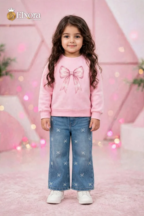 Bow Pink (Bow T-Shirt with Bow Wide Leg Jeans Set)