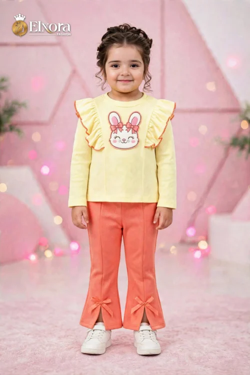 Bunny Pastel & Orange (Bunny Ruffle Top with Coral Bow Flared Pants Set)