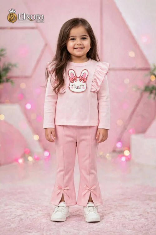 Bunny Pink (Bunny Ruffle Top with Coral Bow Flared Pants Set)